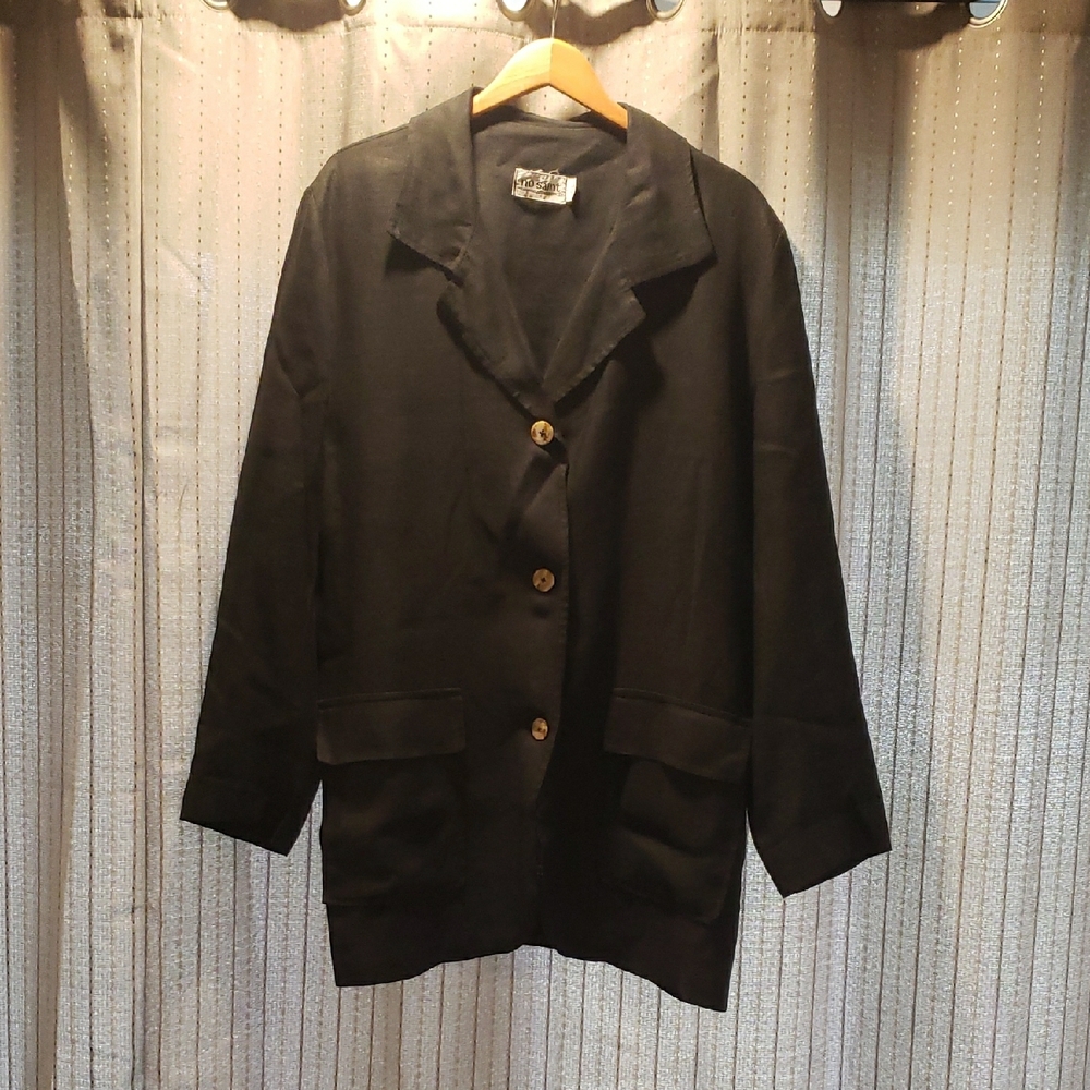 Women's Black Linen Over Sized Black Blazer w Notched Lapel and Relaxed Fit, M/L